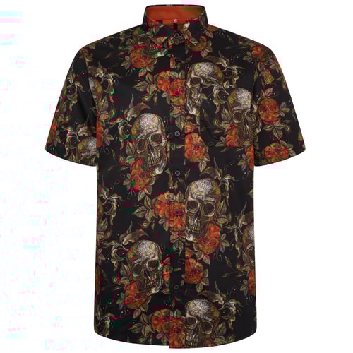 KAM Kurzärmliges Hemd mit Blumen- und Totenkopf-Print Schwarz